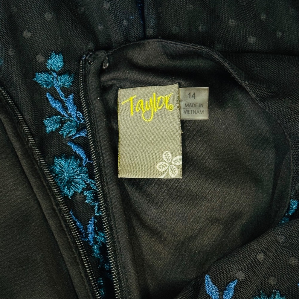 Taylor Womens Black Teal Floral Embroidered Lace Shift Dress Size 14 - Picture 6 of 8